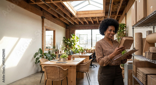 Woman Smiling While Organizing Crafts in Bright Artistic Studio