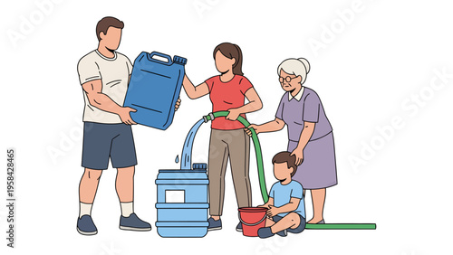 Community Water Conservation: A multigenerational family collaborates in the vital task of water conservation, exemplifying care for the environment and promoting sustainable living. 
