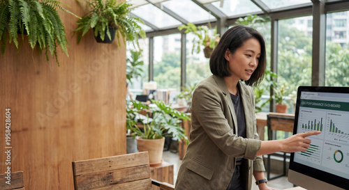 Professional Woman Analyzing Data on Computer in Office Space