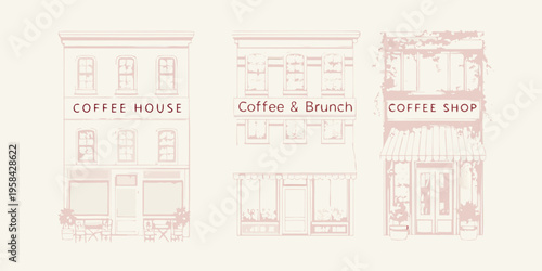 Three sketched storefronts display variations of coffee house signage