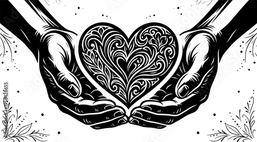 Hands cradling a heart shape presented in varying contrast silhouette – Black Vector Illustration