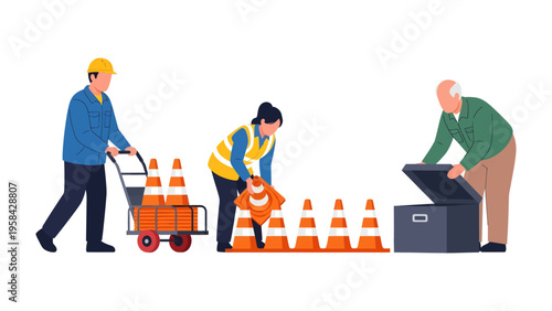 Road Crew at Work: A diligent road crew, each individual focused on their task, is seen setting up essential safety cones, preparing for maintenance or construction.