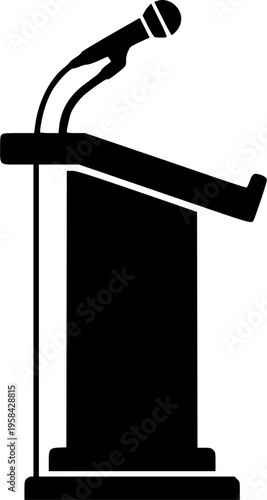 Public speaking and presentation icon featuring a simple black silhouette of a conference podium with a microphone – Black and White Vector Illustration