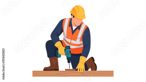 Construction worker at work: A construction worker kneels, focused on the task at hand, using a power drill on a wooden board. This image captures the essence of construction, skill.