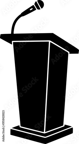 Public speaking and presentation icon featuring a simple black silhouette of a conference podium with a microphone – Black and White Vector Illustration