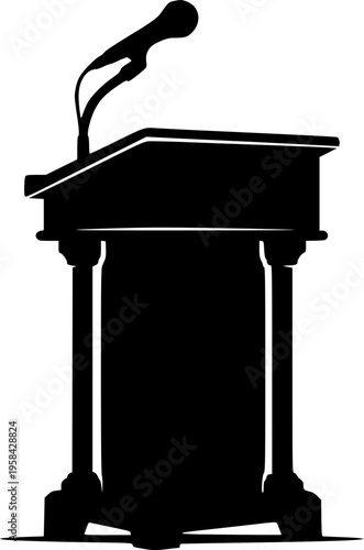 Public speaking and presentation icon featuring a simple black silhouette of a conference podium with a microphone – Black and White Vector Illustration