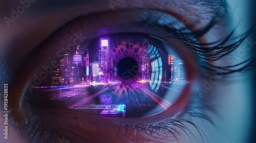 Close up of human eye with neon lit cityscape reflected in iris dilating in real time futuristic ambiance