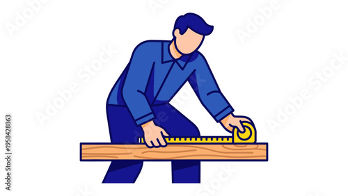 Carpenter Measuring Wood: A carpenter in a blue uniform carefully measures a wooden plank with a tape measure, symbolizing craftsmanship and precision in construction.