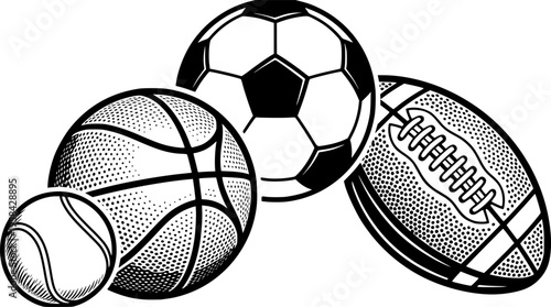Four sports balls including soccer basketball and football on a white background – Black Vector Illustration