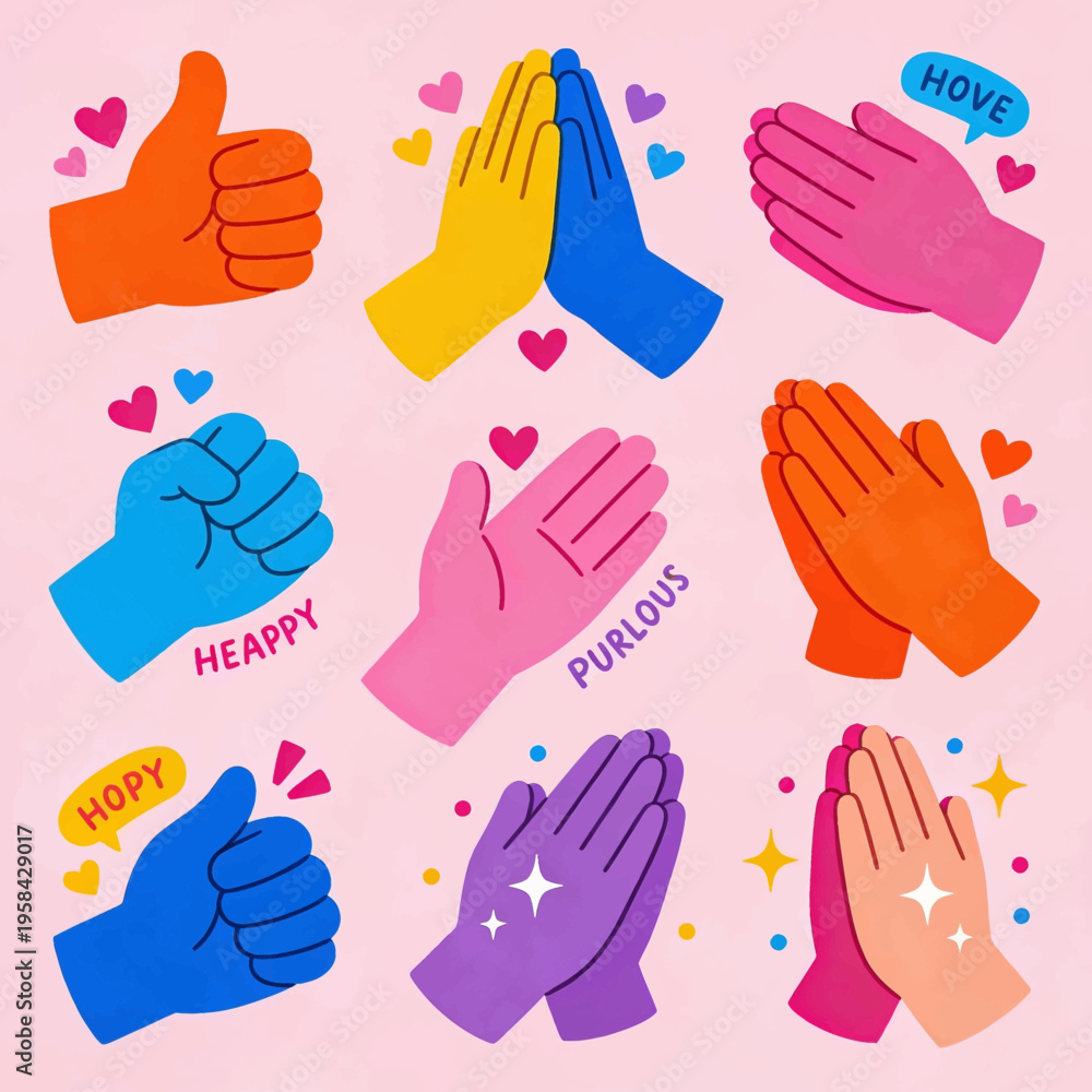 Fototapeta premium Diverse expressive hands showing gestures like thumbs up, high five, and praying, adorned with hearts and text, conveying positivity, connection, and emotional states