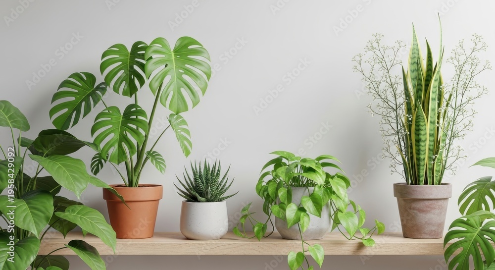 Fototapeta premium Modern indoor shelf with diverse green houseplants in natural daylight for home decor and wellness