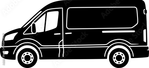 Utility delivery vehicle icon featuring a simple black silhouette of a cargo van – Black and White Vector Illustration