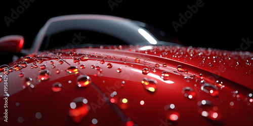Close-up macro photography of fresh water droplets on a glossy red car hood, reflecting light in a dark studio setting, highlighting the sleek curves and wet texture of the vehicle's bodywork.