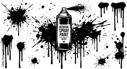 graffiti street art icon set featuring simple black silhouettes of an aerosol spray can and liquid paint splatters – black and white vector illustration