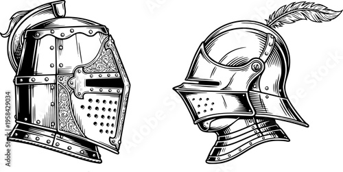 History and armor icon set featuring simple black silhouettes of a medieval warrior helmet in side profile – Black and White Vector Illustration