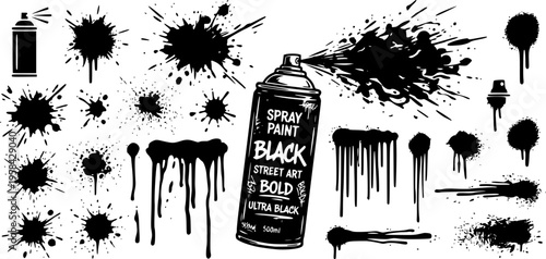 graffiti street art icon set featuring simple black silhouettes of an aerosol spray can and liquid paint splatters – black and white vector illustration