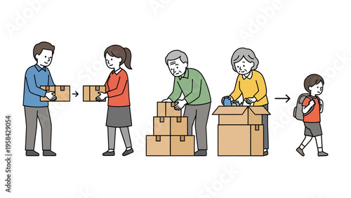 Family's Journey: A heartwarming illustration shows a family preparing and embarking on a journey, symbolizing change and new beginnings.