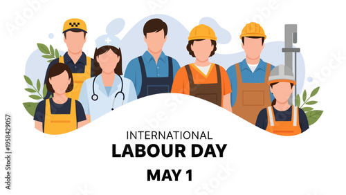Celebrating Labor Day: A diverse group of essential workers stand united, symbolizing the value of labor and the contributions of every professional on International Labor Day.