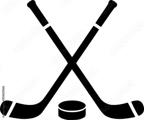 Hockey sticks crossed over puck in simple black silhouette graphic design element – Black Vector Illustration