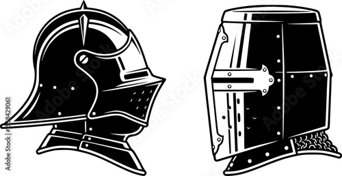 History and armor icon set featuring simple black silhouettes of a medieval warrior helmet in side profile – Black and White Vector Illustration