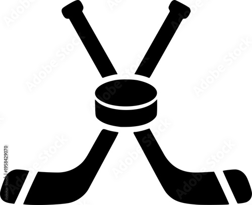 Hockey sticks crossed over puck in simple black silhouette graphic design element – Black Vector Illustration