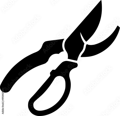 Garden pruning tool icon featuring a simple black silhouette of horticultural hand shears – Black and White Vector Illustration