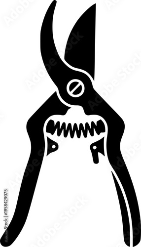 Garden pruning tool icon featuring a simple black silhouette of horticultural hand shears – Black and White Vector Illustration