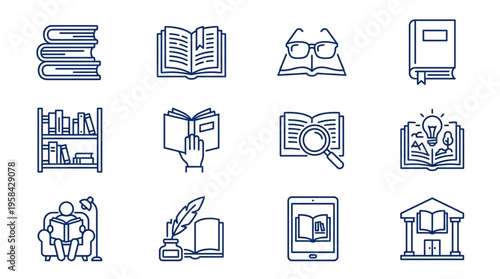 Education Icons Set: Books, Reading, Learning, Knowledge, Library, Ebook, Study, Research, School