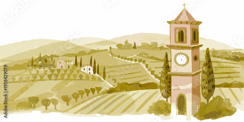 A picturesque tuscan landscape featuring a clock tower and rolling hills
