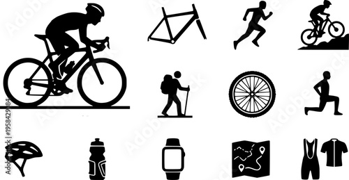 Cyclist silhouette riding a road bike with a bicycle beside him – Black Vector Illustration