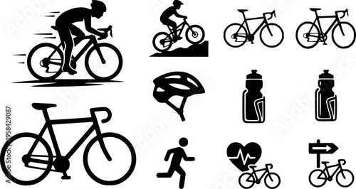Cyclist silhouette riding a road bike with a bicycle beside him – Black Vector Illustration