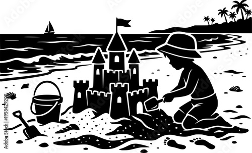 Beach toys and summer recreation icon set featuring simple black silhouettes of a sand bucket, spade, and castle – Black and White Vector Illustration