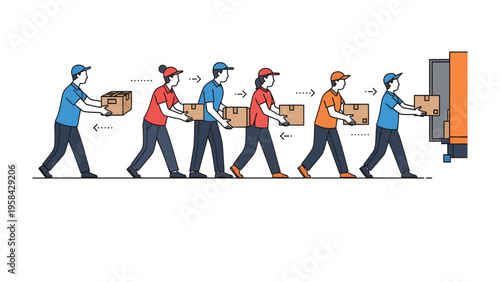 Delivery Chain in Action: A dynamic illustration showing a line of delivery workers meticulously handling parcels, highlighting the steps in the logistics process and the crucial role of teamwork.