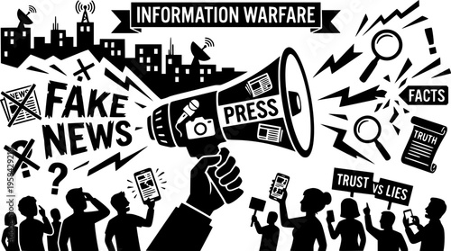 Press media and fake news concept with a megaphone silhouette – Black Vector Illustration