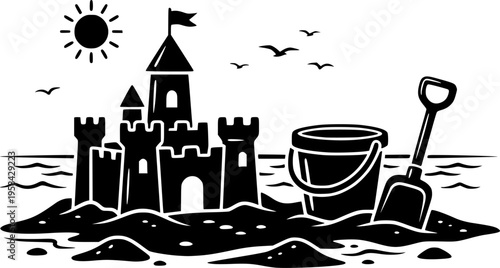 Beach toys and summer recreation icon set featuring simple black silhouettes of a sand bucket, spade, and castle – Black and White Vector Illustration