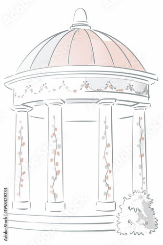 A delicate sketch of a classical gazebo adorned with floral vines
