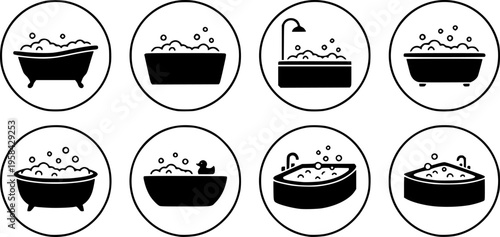 Bathroom and interior design icon set featuring simple black silhouettes of bathtubs with water and bubbles – Black and White Vector Illustration