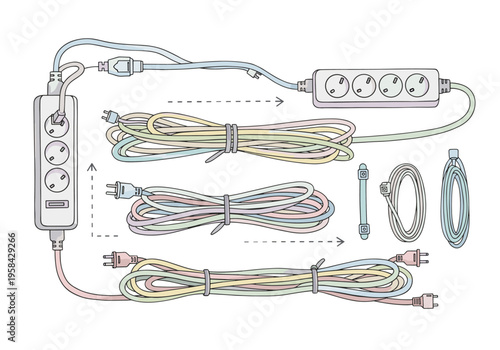 Electrical extension cords and power strips neatly organized for easy storage and use