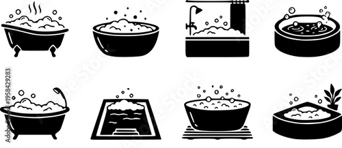 Bathroom and interior design icon set featuring simple black silhouettes of bathtubs with water and bubbles – Black and White Vector Illustration