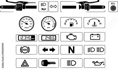 Motorcycle cockpit and control icon set featuring simple black silhouettes of bike handlebars and dashboard gauges – Black and White Vector Illustration