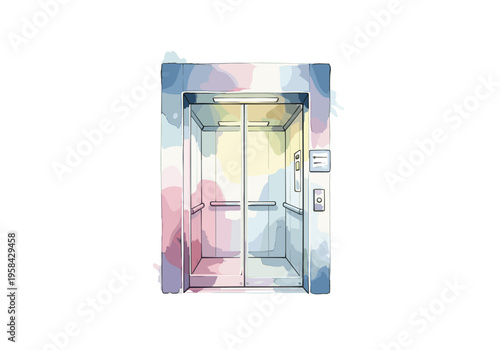 Modern elevator interior with colorful watercolor accents and glass doors