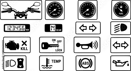 Motorcycle cockpit and control icon set featuring simple black silhouettes of bike handlebars and dashboard gauges – Black and White Vector Illustration