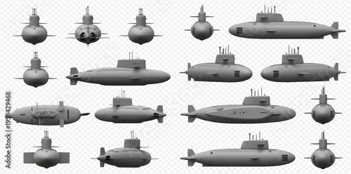 Set of military submarines in various views, isolated on transparent background, realistic vector illustration.