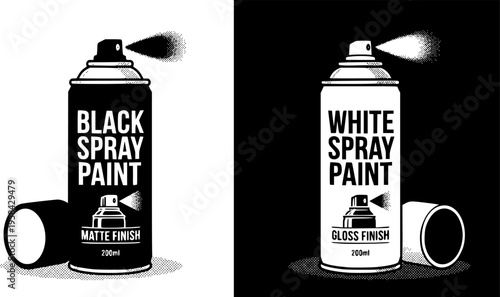 Graffiti and art tools icon set featuring simple black and white silhouettes of aerosol spray paint cans – Isolated Vector Illustration