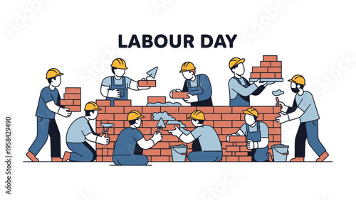 Labour Day Bricklayers: Group of bricklayers hard at work, constructing a brick wall to celebrate the Labour Day.  Highlighting the industrious spirit and dedication.