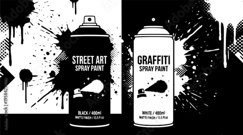 Graffiti and art tools icon set featuring simple black and white silhouettes of aerosol spray paint cans – Isolated Vector Illustration