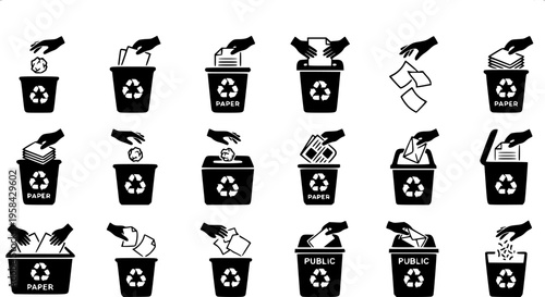 Hands disposing of crumpled paper into waste bins recycling concept – Black Vector Illustration