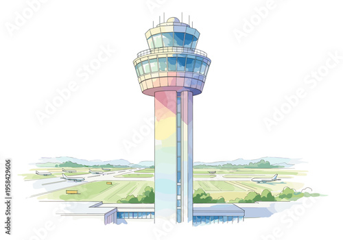 Modern airport control tower overseeing runways with airplanes in a watercolor style
