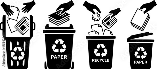Hands disposing of crumpled paper into waste bins recycling concept – Black Vector Illustration