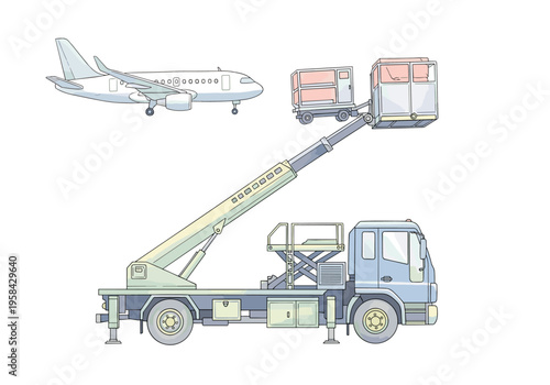 Airplane being serviced by a baggage loader truck at an airport tarmac